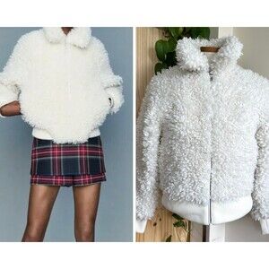 Maje‎ Faux Fur Blanche Jacket 36 S Shearling Sherpa Looped Full Zip Lined White